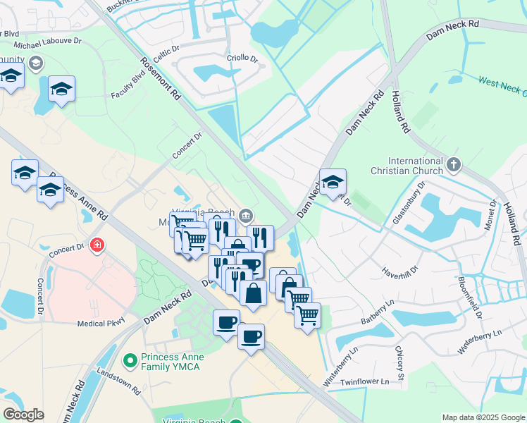 map of restaurants, bars, coffee shops, grocery stores, and more near 3500 Dam Neck Road in Virginia Beach