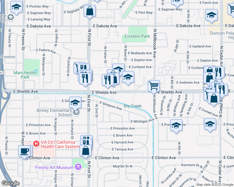 map of restaurants, bars, coffee shops, grocery stores, and more near 3374 East Shields Avenue in Fresno
