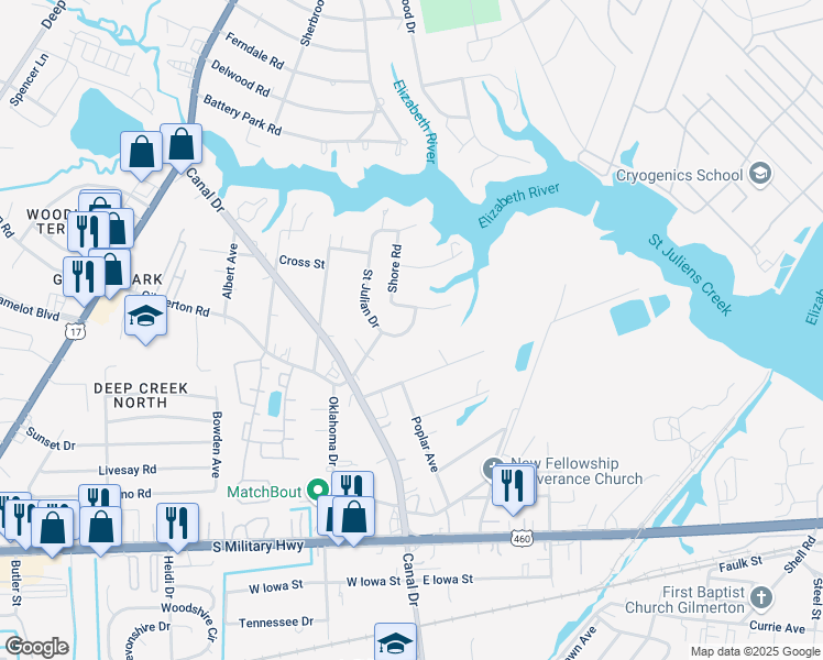 map of restaurants, bars, coffee shops, grocery stores, and more near 1012 Saint Julian Drive in Chesapeake