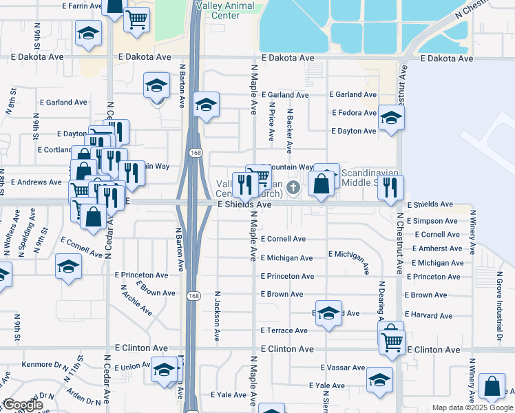 map of restaurants, bars, coffee shops, grocery stores, and more near 3110 North Maple Avenue in Fresno