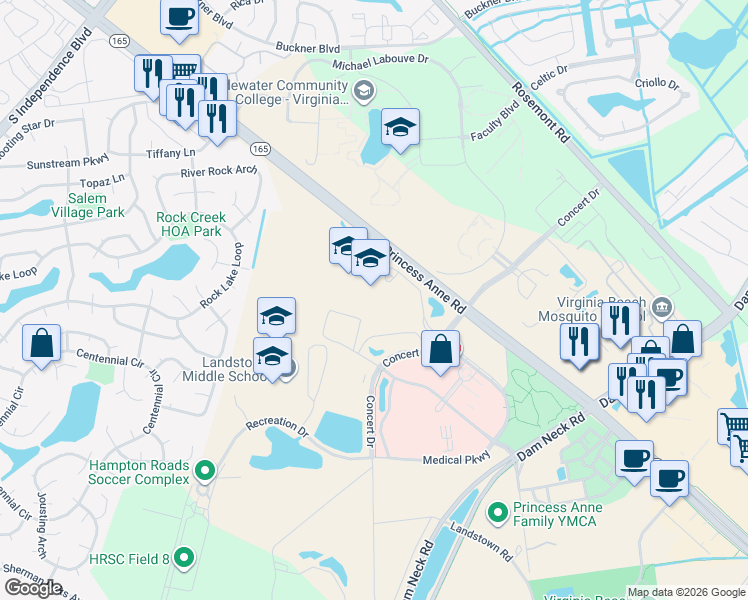 map of restaurants, bars, coffee shops, grocery stores, and more near 2001 Concert Drive in Virginia Beach