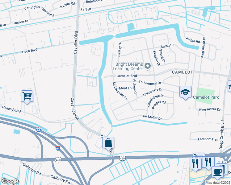 map of restaurants, bars, coffee shops, grocery stores, and more near 932 Sir Lancelot Drive in Chesapeake