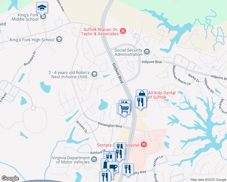map of restaurants, bars, coffee shops, grocery stores, and more near 3075 Godwin Boulevard in Suffolk