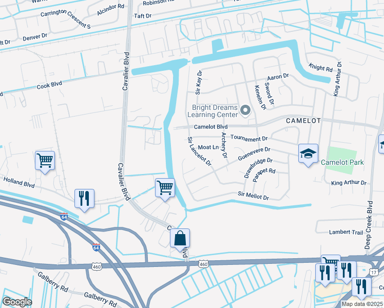 map of restaurants, bars, coffee shops, grocery stores, and more near 932 Sir Lancelot Drive in Chesapeake