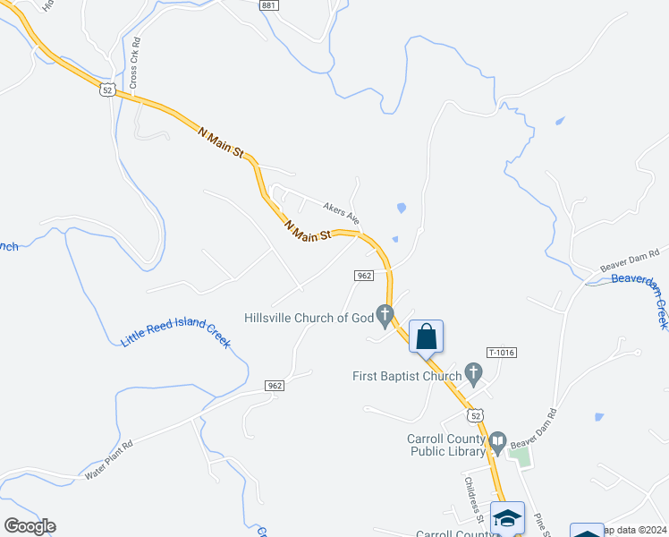 map of restaurants, bars, coffee shops, grocery stores, and more near 131 Forest Drive in Hillsville