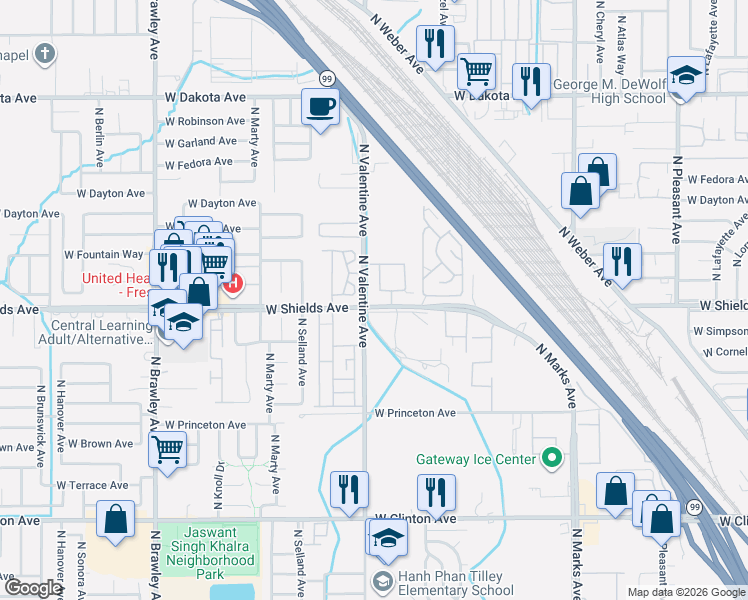 map of restaurants, bars, coffee shops, grocery stores, and more near 3386 West Shields Avenue in Fresno