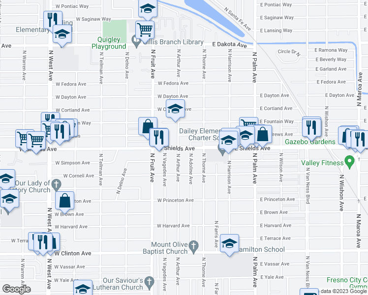 map of restaurants, bars, coffee shops, grocery stores, and more near 234 West Shields Avenue in Fresno