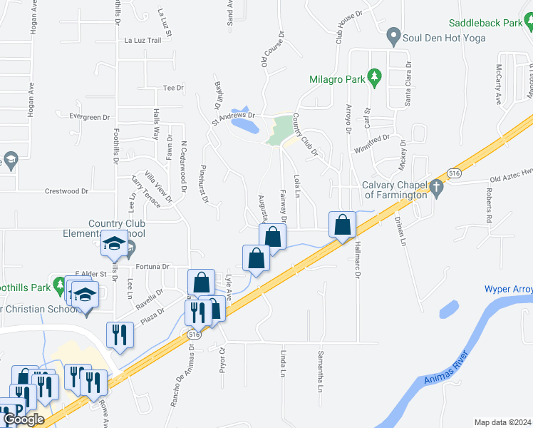 map of restaurants, bars, coffee shops, grocery stores, and more near 5412 Augusta Drive in Farmington