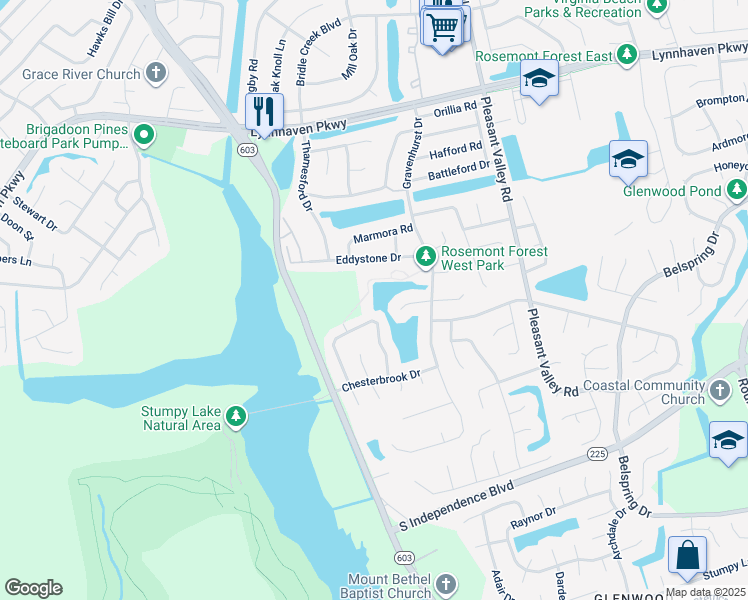 map of restaurants, bars, coffee shops, grocery stores, and more near 2056 Lyndora Road in Virginia Beach