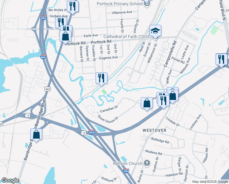 map of restaurants, bars, coffee shops, grocery stores, and more near 1104 Railroad Avenue in Chesapeake