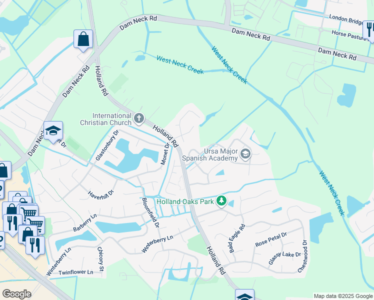 map of restaurants, bars, coffee shops, grocery stores, and more near 1852 Saville Garden Court in Virginia Beach