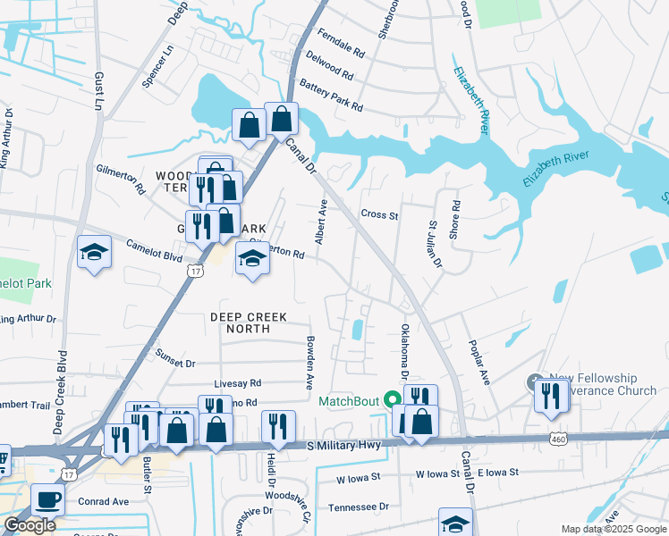 map of restaurants, bars, coffee shops, grocery stores, and more near 2309 Gilmerton Road in Chesapeake