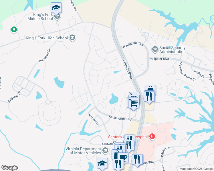 map of restaurants, bars, coffee shops, grocery stores, and more near 184 Majestic Drive in Suffolk