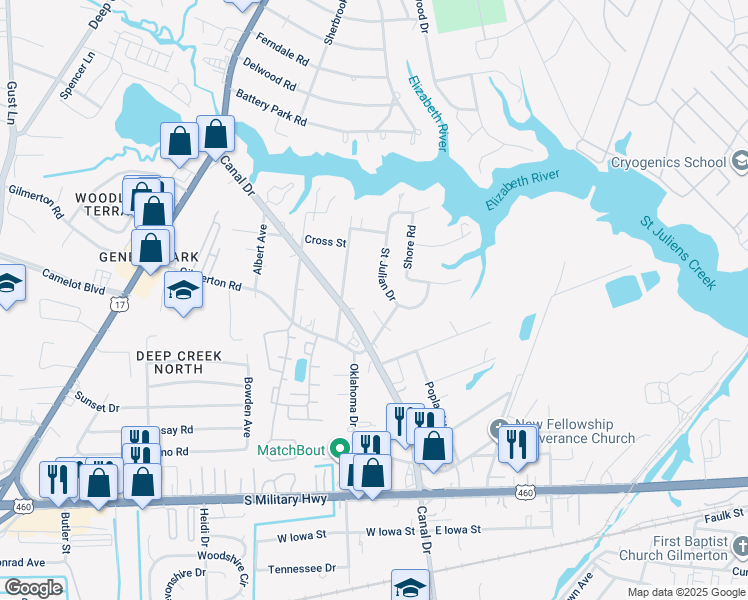 map of restaurants, bars, coffee shops, grocery stores, and more near 1025 Deaton Court in Chesapeake