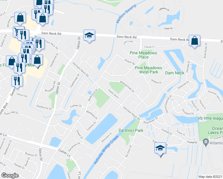 map of restaurants, bars, coffee shops, grocery stores, and more near 1657 Kepler Bend in Virginia Beach