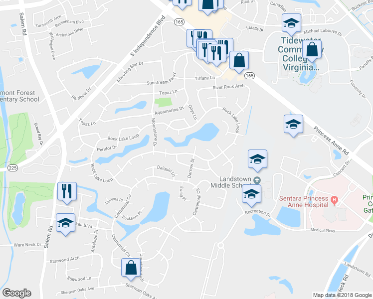 map of restaurants, bars, coffee shops, grocery stores, and more near 2208 Rock Lake Loop in Virginia Beach