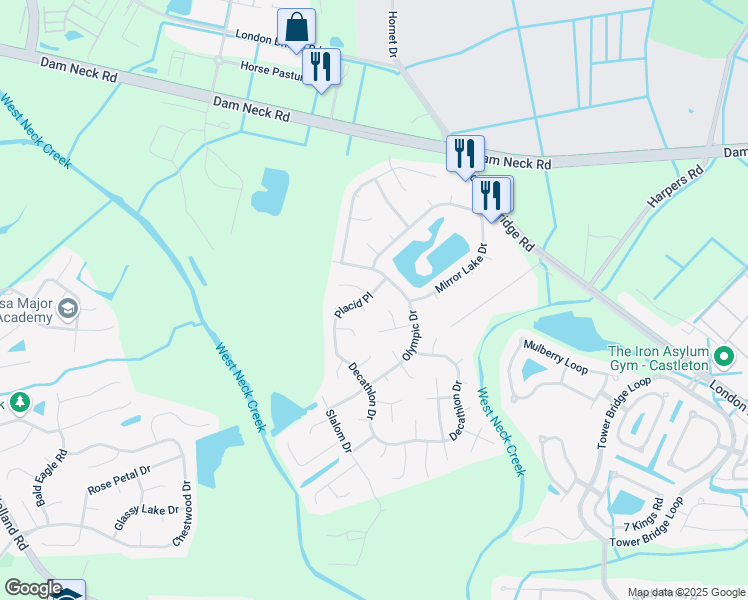 map of restaurants, bars, coffee shops, grocery stores, and more near 2513 Placid Place in Virginia Beach