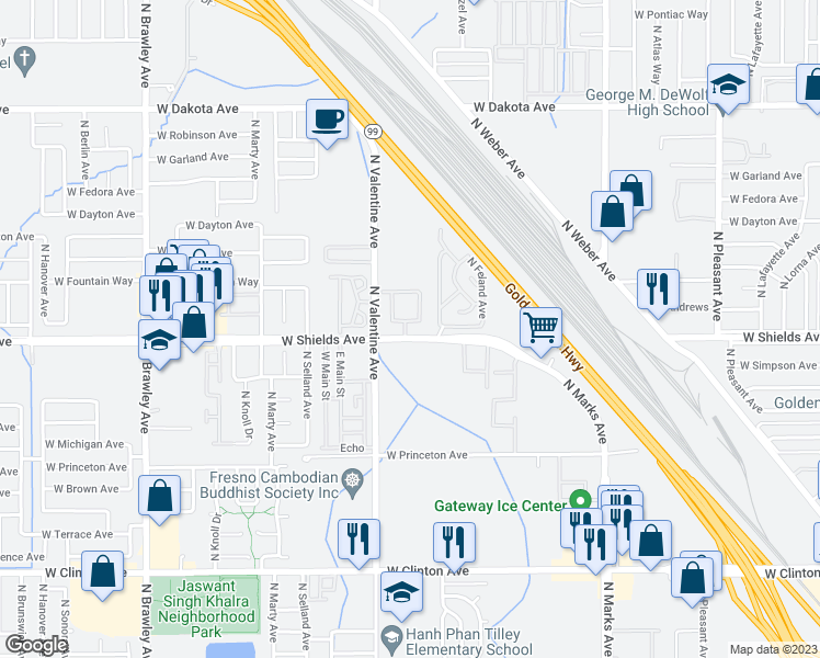 map of restaurants, bars, coffee shops, grocery stores, and more near 3302 West Shields Avenue in Fresno