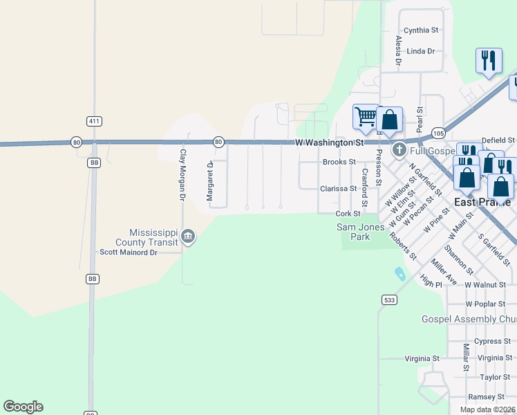 map of restaurants, bars, coffee shops, grocery stores, and more near 69-1899 South Gullion Drive in East Prairie