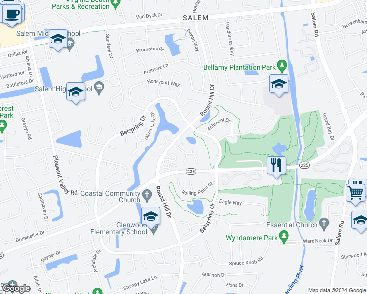 map of restaurants, bars, coffee shops, grocery stores, and more near 2012 Springside Court in Virginia Beach