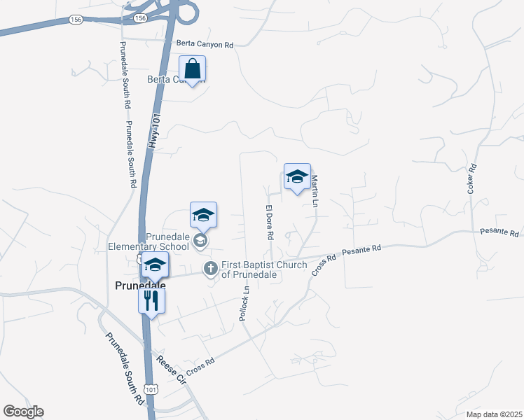 map of restaurants, bars, coffee shops, grocery stores, and more near 17959 Pesante Road in Salinas