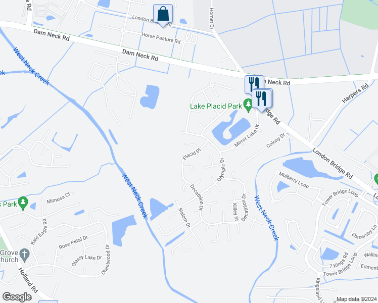 map of restaurants, bars, coffee shops, grocery stores, and more near 2524 Placid Place in Virginia Beach