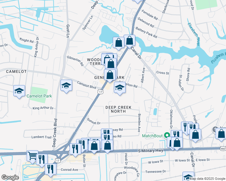 map of restaurants, bars, coffee shops, grocery stores, and more near 1025 Thrive Place in Chesapeake