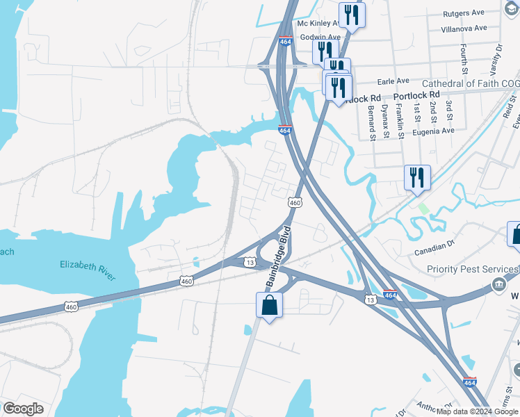 map of restaurants, bars, coffee shops, grocery stores, and more near 610 Consolvo Place in Chesapeake