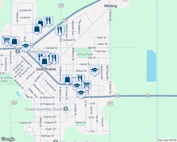 map of restaurants, bars, coffee shops, grocery stores, and more near Lee Avenue in East Prairie