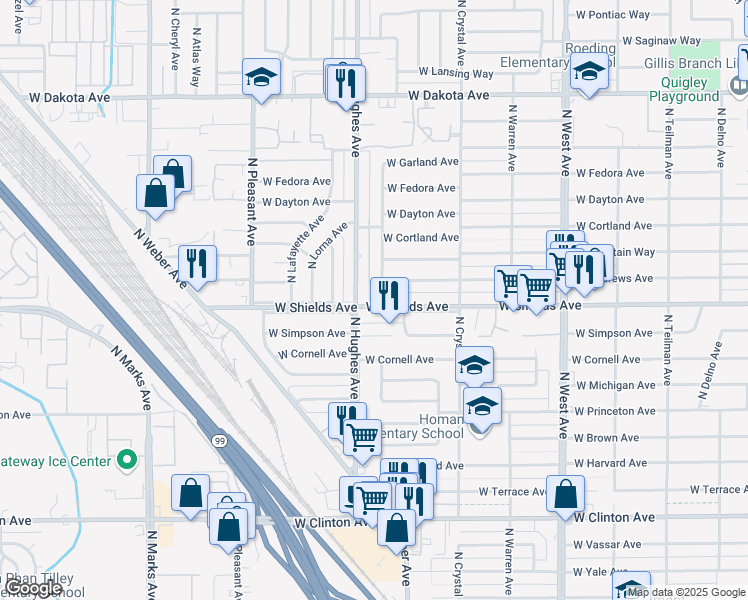 map of restaurants, bars, coffee shops, grocery stores, and more near 3240 North Hughes Avenue in Fresno