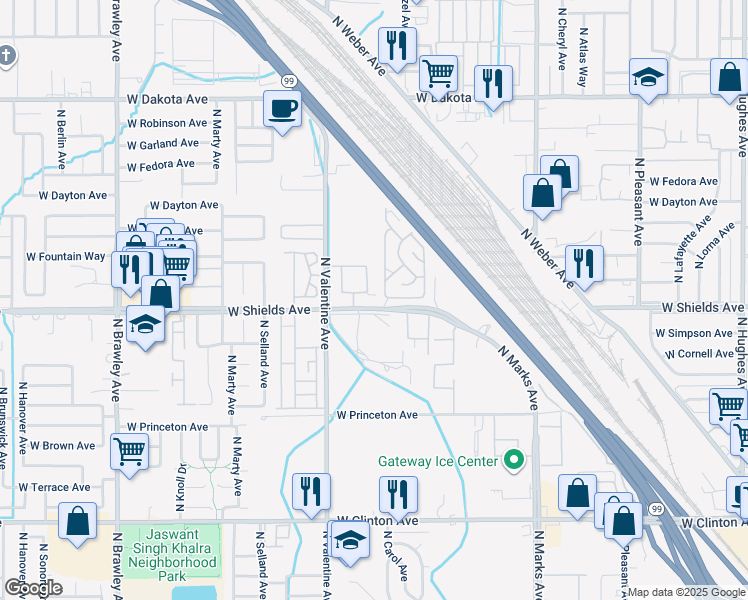 map of restaurants, bars, coffee shops, grocery stores, and more near 3027 North Prospect Avenue in Fresno