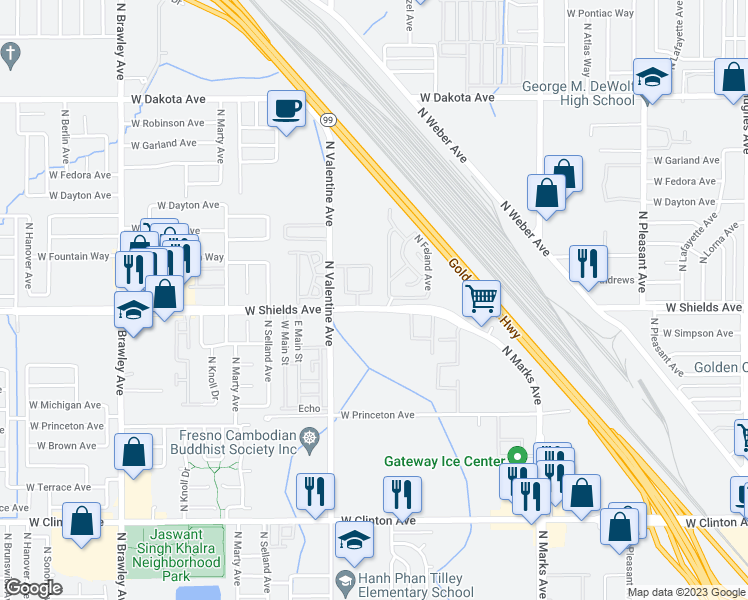 map of restaurants, bars, coffee shops, grocery stores, and more near 3027 North Prospect Avenue in Fresno