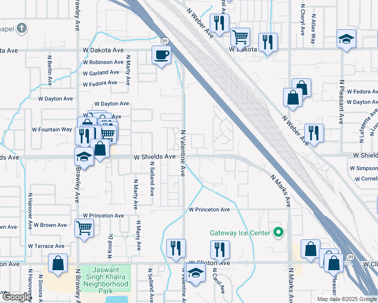 map of restaurants, bars, coffee shops, grocery stores, and more near 3380 West Shields Avenue in Fresno