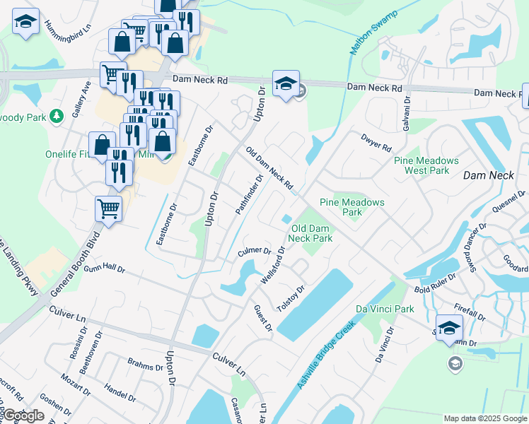 map of restaurants, bars, coffee shops, grocery stores, and more near 1077 Gauguin Drive in Virginia Beach