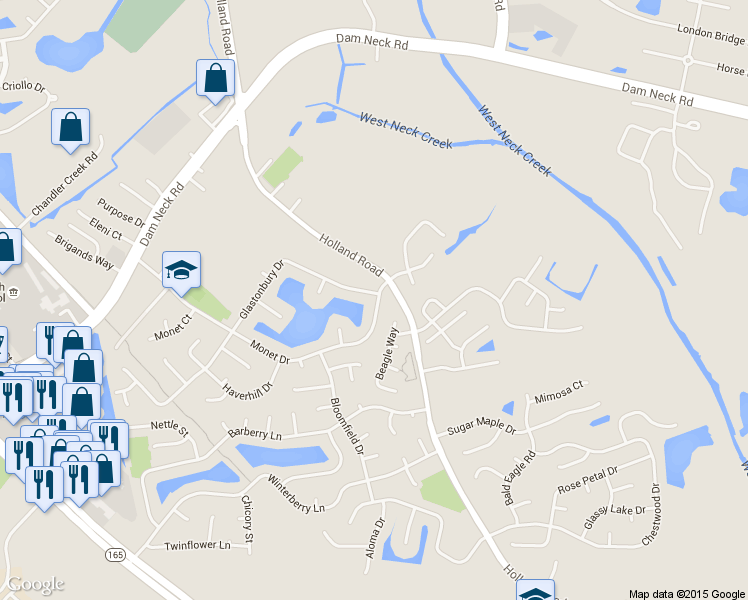 map of restaurants, bars, coffee shops, grocery stores, and more near 3012 Glastonbury Drive in Virginia Beach