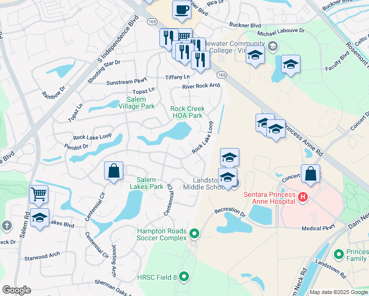 map of restaurants, bars, coffee shops, grocery stores, and more near 1924 Rip Rap Court in Virginia Beach