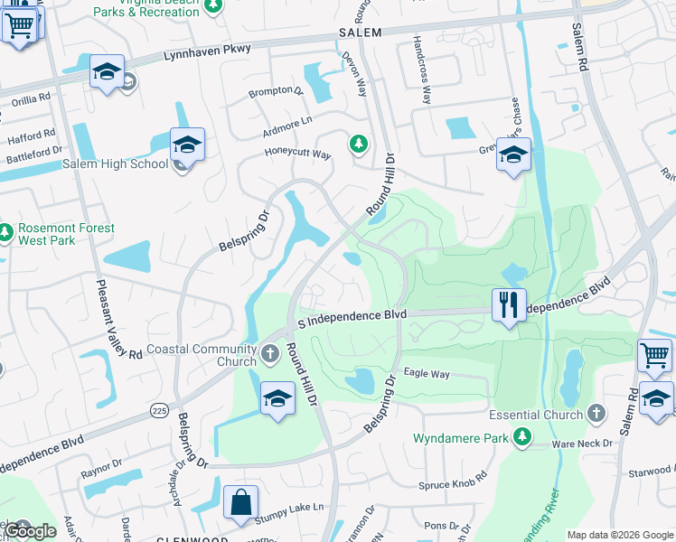 map of restaurants, bars, coffee shops, grocery stores, and more near 2009 Springside Court in Virginia Beach