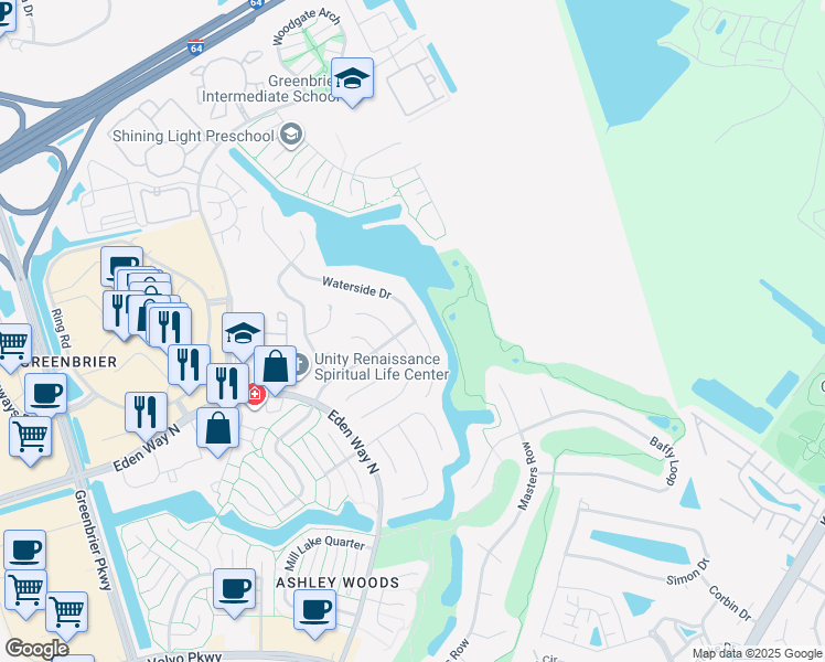 map of restaurants, bars, coffee shops, grocery stores, and more near 1444 Waterside Drive in Chesapeake