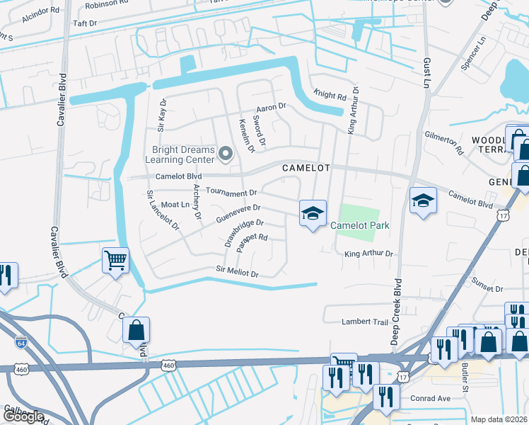 map of restaurants, bars, coffee shops, grocery stores, and more near 3016 Guenevere Drive in Chesapeake