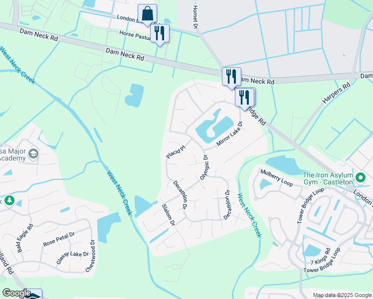 map of restaurants, bars, coffee shops, grocery stores, and more near 2513 Placid Place in Virginia Beach
