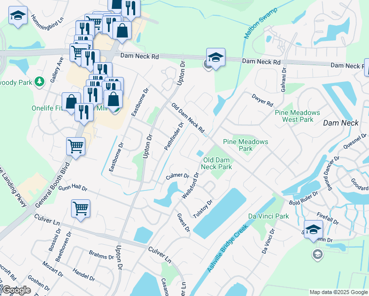 map of restaurants, bars, coffee shops, grocery stores, and more near 1064 Gauguin Drive in Virginia Beach