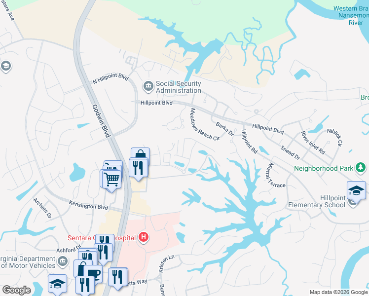 map of restaurants, bars, coffee shops, grocery stores, and more near 601 Hillpoint Woods in Suffolk
