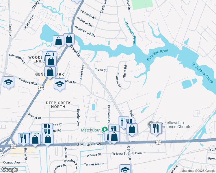 map of restaurants, bars, coffee shops, grocery stores, and more near 1021 Cox Avenue in Chesapeake