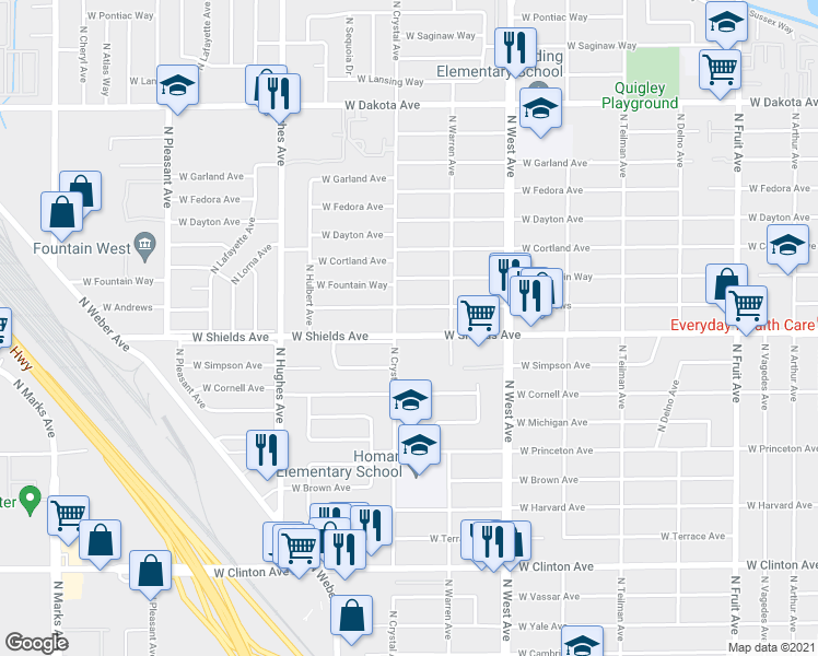 map of restaurants, bars, coffee shops, grocery stores, and more near 1622 West Shields Avenue in Fresno