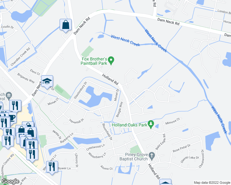 map of restaurants, bars, coffee shops, grocery stores, and more near 3001 Glastonbury Drive in Virginia Beach