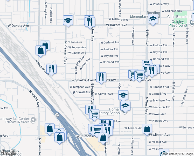 map of restaurants, bars, coffee shops, grocery stores, and more near 2020 West Shields Avenue in Fresno