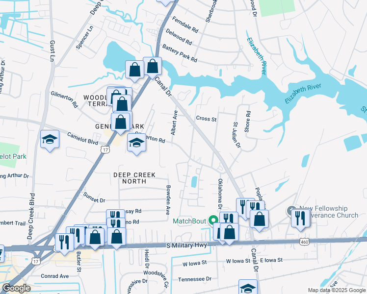 map of restaurants, bars, coffee shops, grocery stores, and more near 2309 Gilmerton Road in Chesapeake