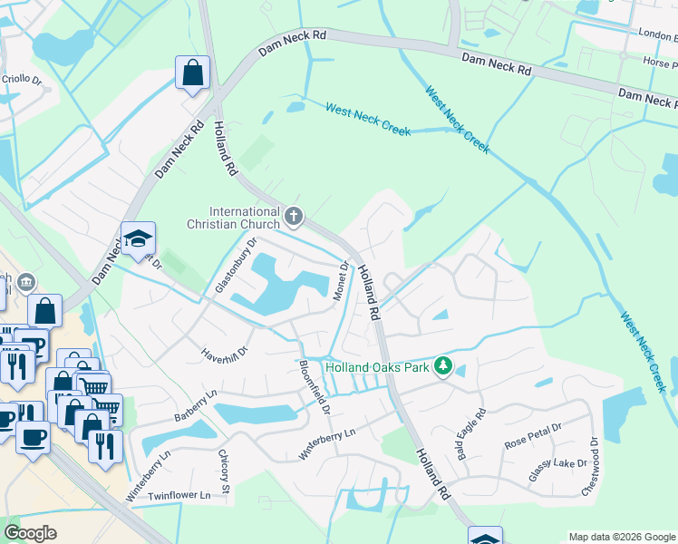 map of restaurants, bars, coffee shops, grocery stores, and more near 3012 Glastonbury Drive in Virginia Beach