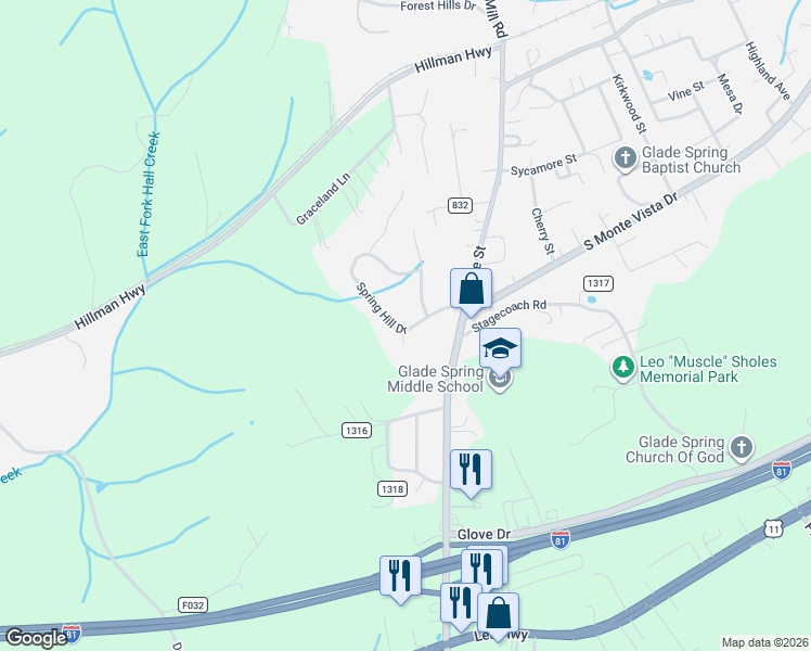 map of restaurants, bars, coffee shops, grocery stores, and more near 33551-33649 Spring Hill Dr in Glade Spring