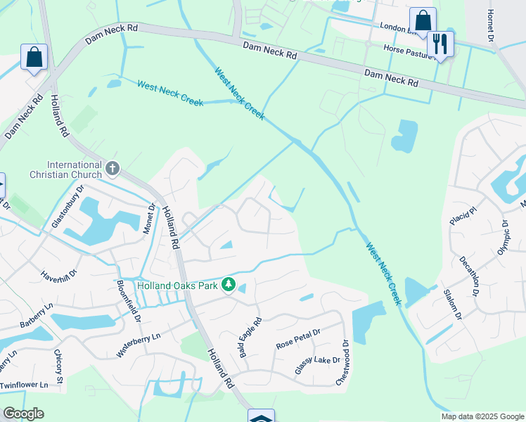 map of restaurants, bars, coffee shops, grocery stores, and more near 1865 Abbotsbury Way in Virginia Beach
